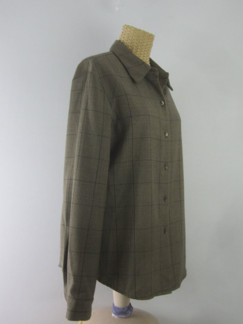 Vtg Jones New York Country Women 10 Brown Houndstooth Plaid 100% Wool LS Shirt M